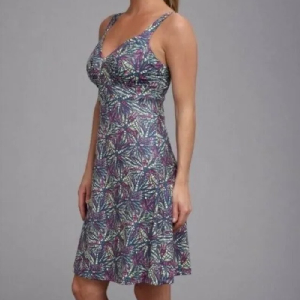 Patagonia Purple and Green Ruched Midi Sundress
